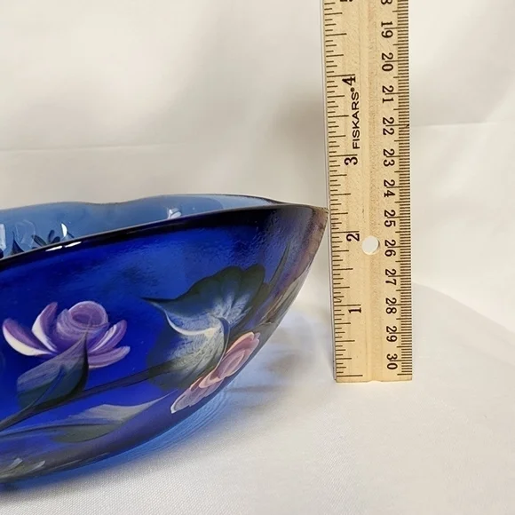 HANDPAINTED Cobalt Blue Bowl Floral Serving Dish Large Butterfly Roses Dimpled - Picture 6 of 14